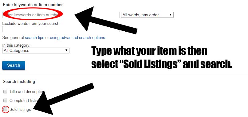 Example showing how to do an advanced search for sold listings on eBay.