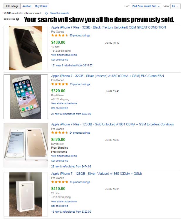Example of search results showing previously sold items on eBay.