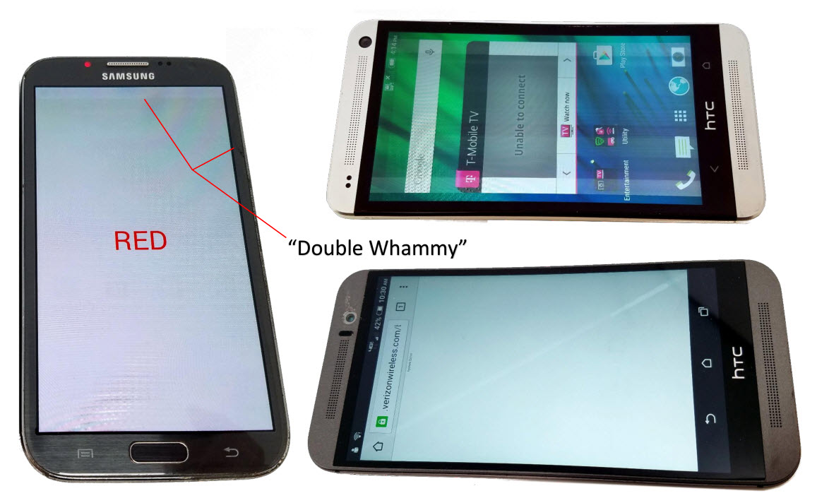 Power on, Bad LCD images of Wholesale Used Samsung Galaxy S4, HTC One M7, and HTC One M8 Smartphone phones