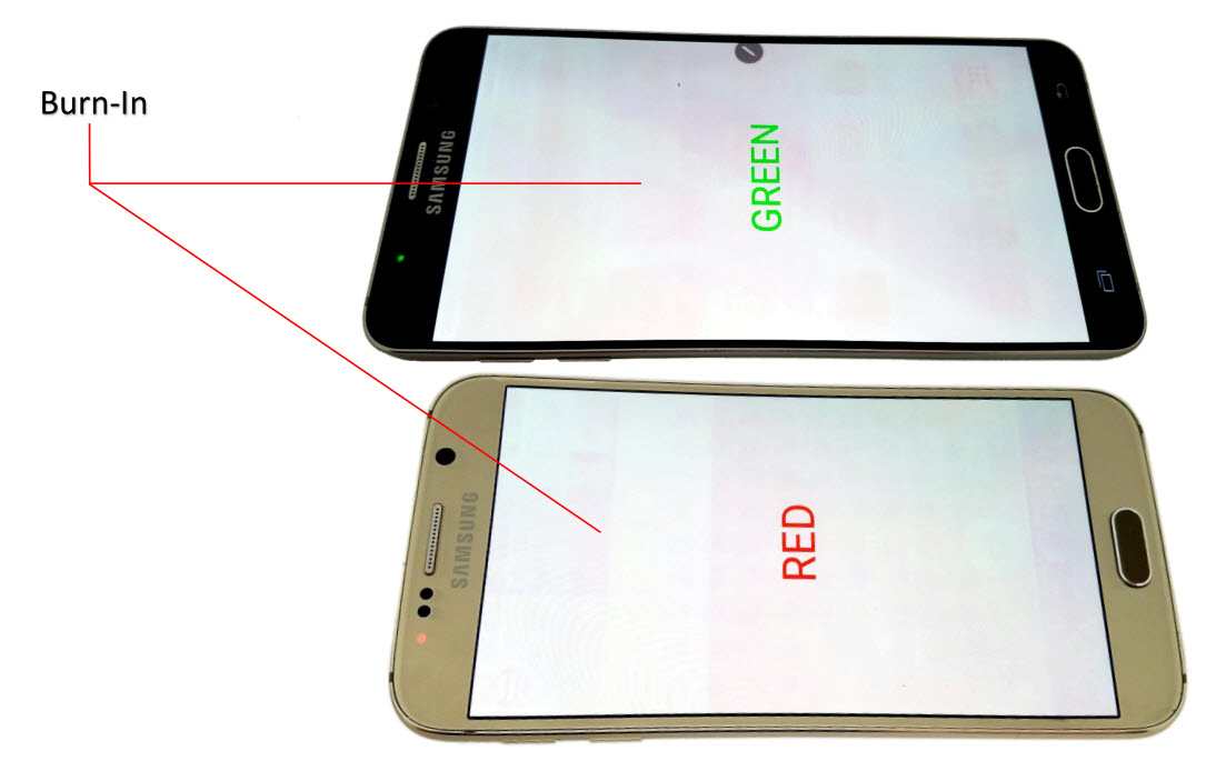 Power on, Flawed LCD images of Wholesale Used Samsung Galaxy note 5 and Samsung Galaxy S6 Smartphone phones